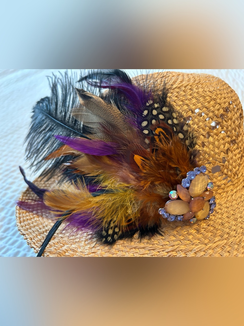 The Isabelle -Handmade Hat Feather pin with vintage brooch - Purple, Brown